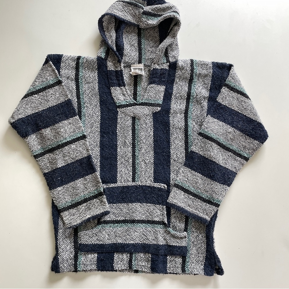 Vintage 90s Baja Mexican Blanket Poncho Hoodie Striped Blue Senior Lopez - S